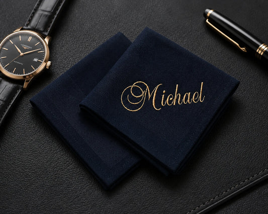 Two navy blue hanky with 'Michael' embroidered on them, a watch, and pen on a dark surface.