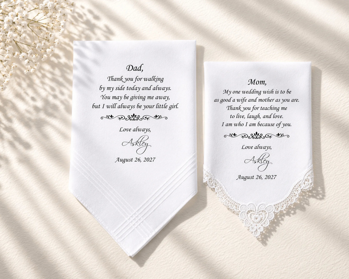 Two personalized wedding handkerchiefs with heartfelt messages on a light background.