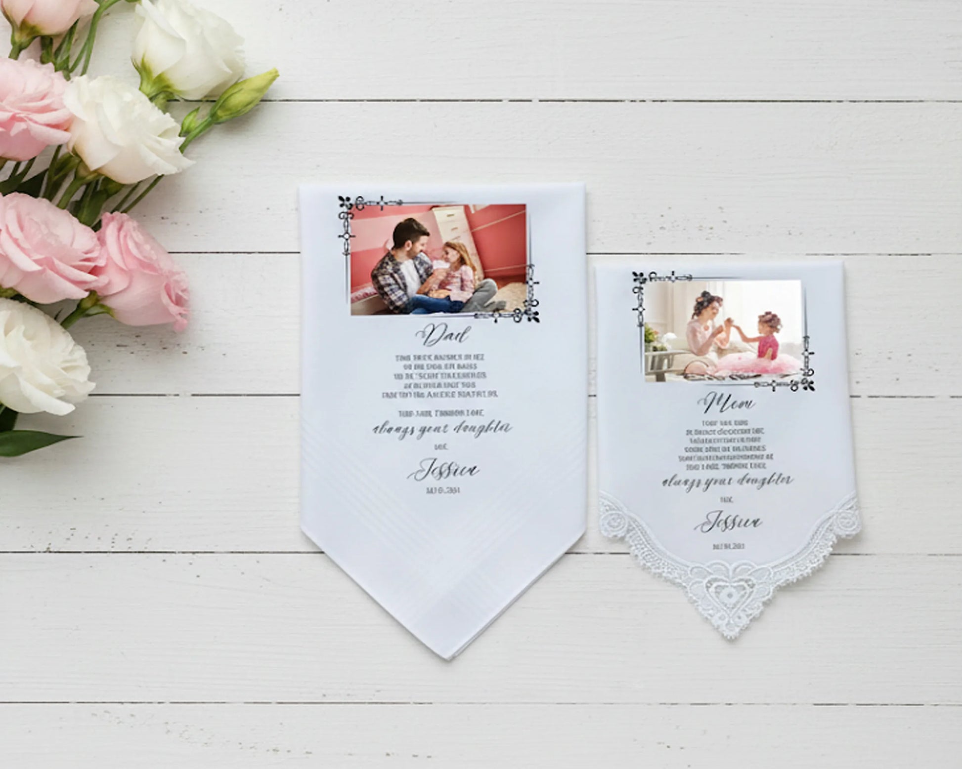 White lace-trimmed handkerchief with a portrait of a bride and her mother including a personalized message to Griselda