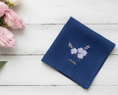 Deep navy cotton handkerchief with purple forget me not needlepoint and personalized gold name script