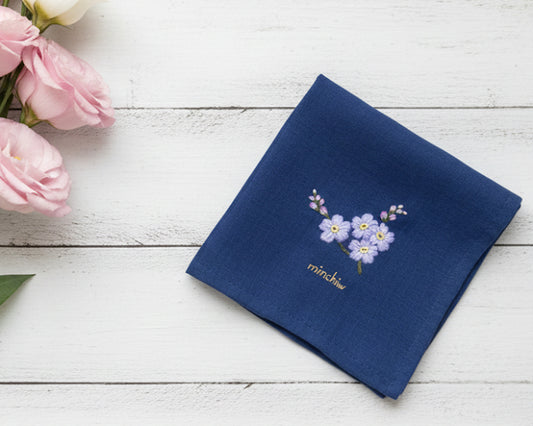 Deep navy cotton handkerchief with purple forget me not needlepoint and personalized gold name script