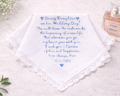 Wedding handkerchief with personalized message and date, placed on a light surface with a bottle of perfume.