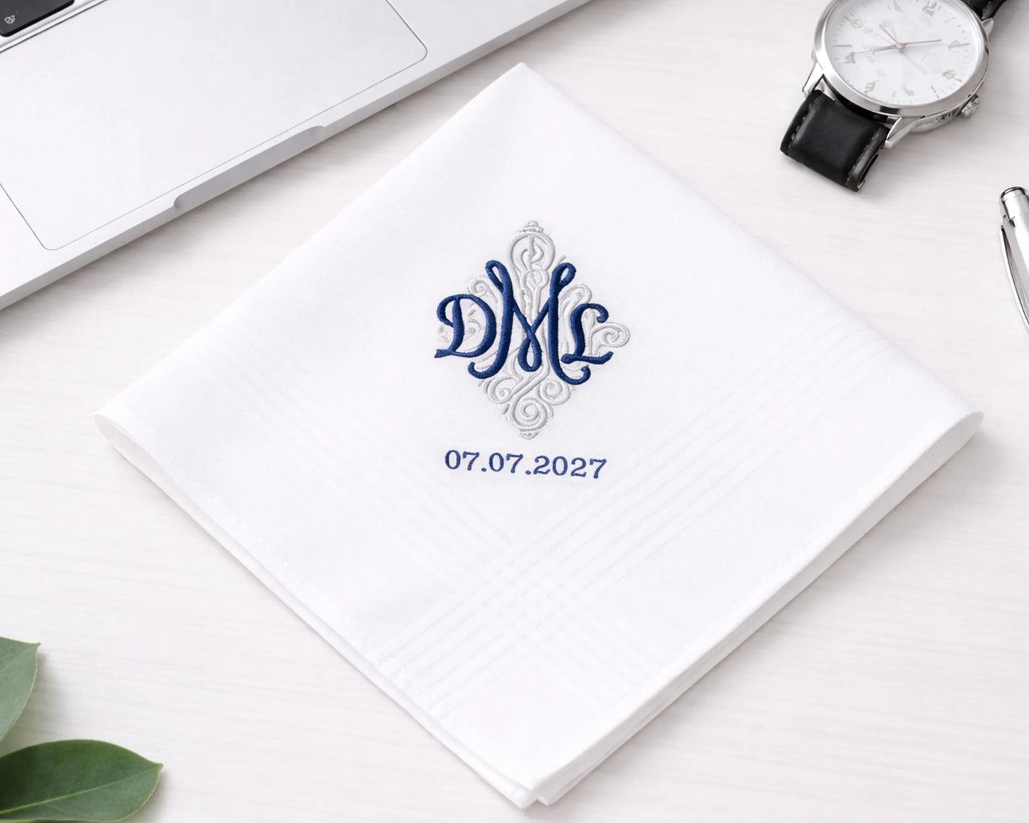 Wedding hanky for monogram border on a light background