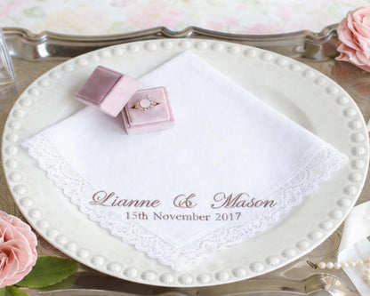 Wedding ring and hanky on a decorative plate with personalized text, surrounded by pink roses.