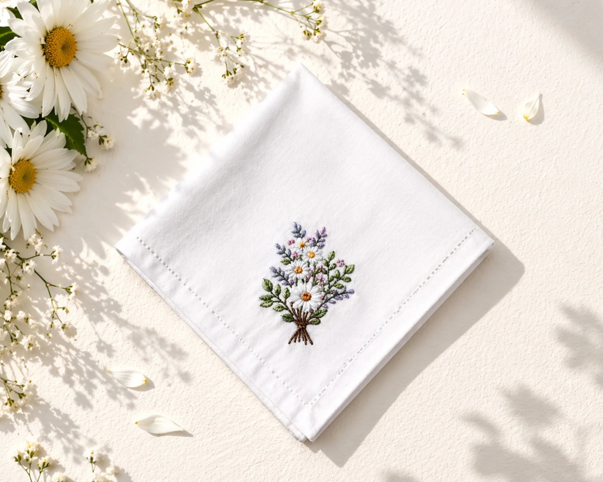 White embroidered hanky with floral design on a light surface with flowers around