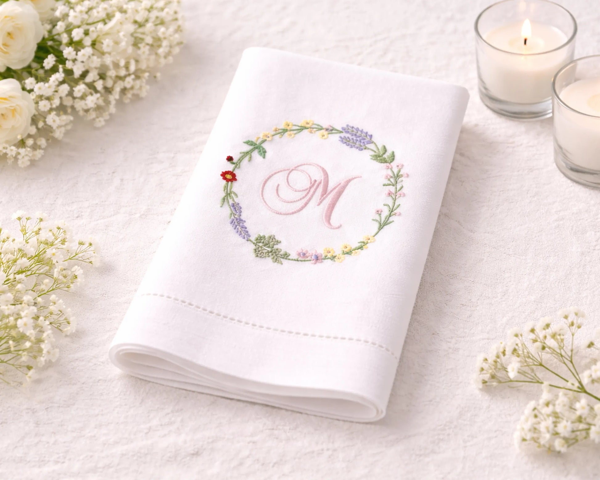 White folded napkin with floral monogram design on a white surface with candles and flowers.