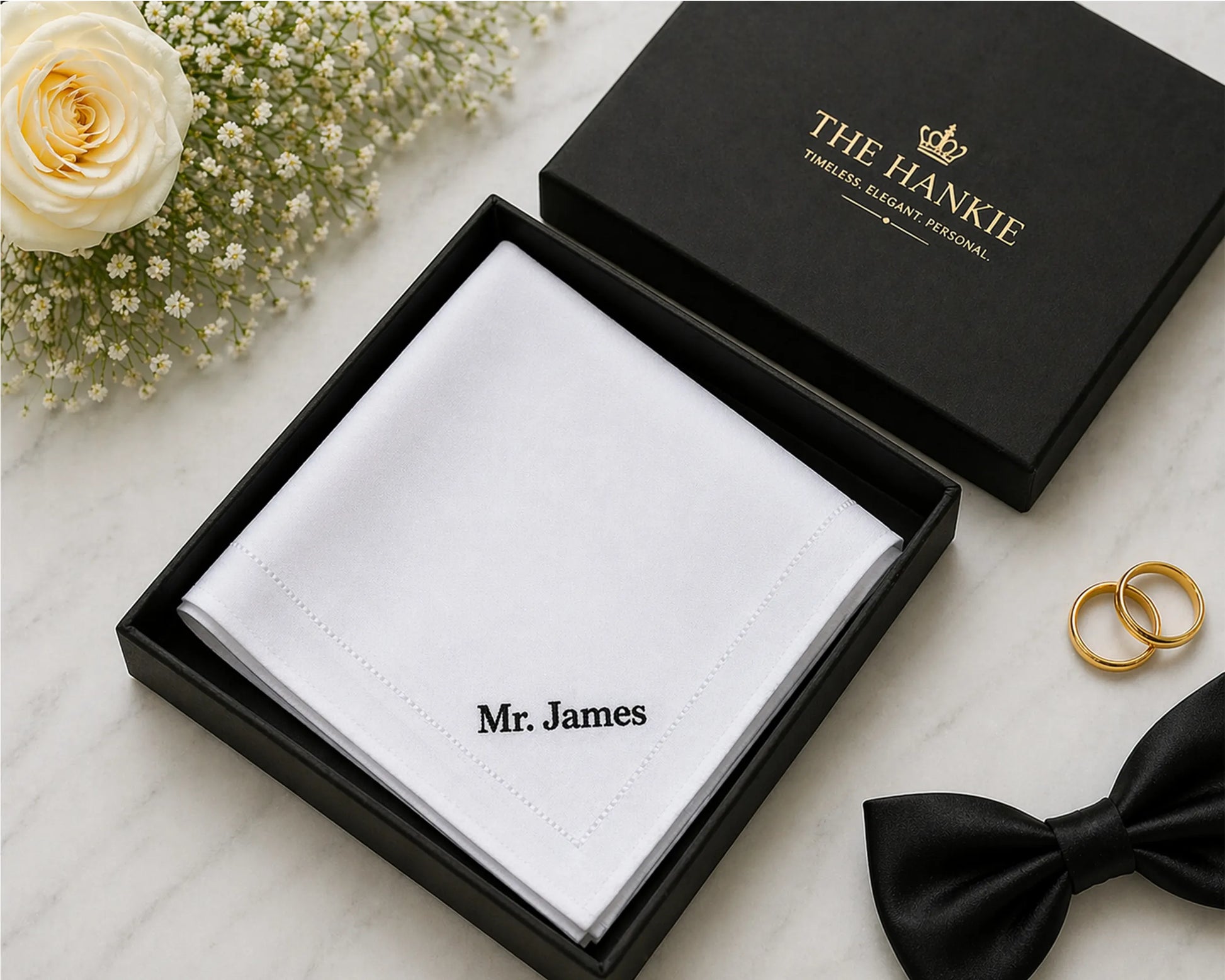 White handkerchief with 'Mr. James' text in a black box, surrounded by flowers and a bow tie.