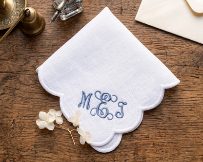 White handkerchief with blue monogram 'M.E.J.' on a wooden surface with decorative items.