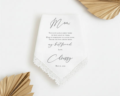 White handkerchief with personalized message on a light background