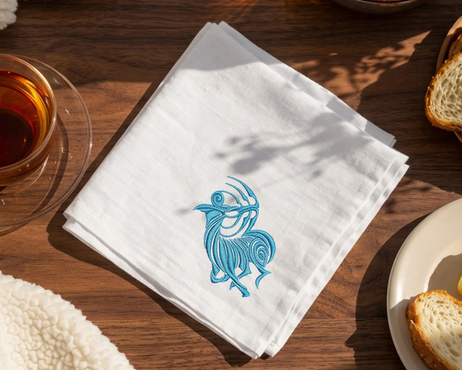 White hankie with a blue embroidered design on a wooden table with tea and bread.