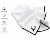 White hanky with black border and deer emblem on a white background, featuring text about towel properties.