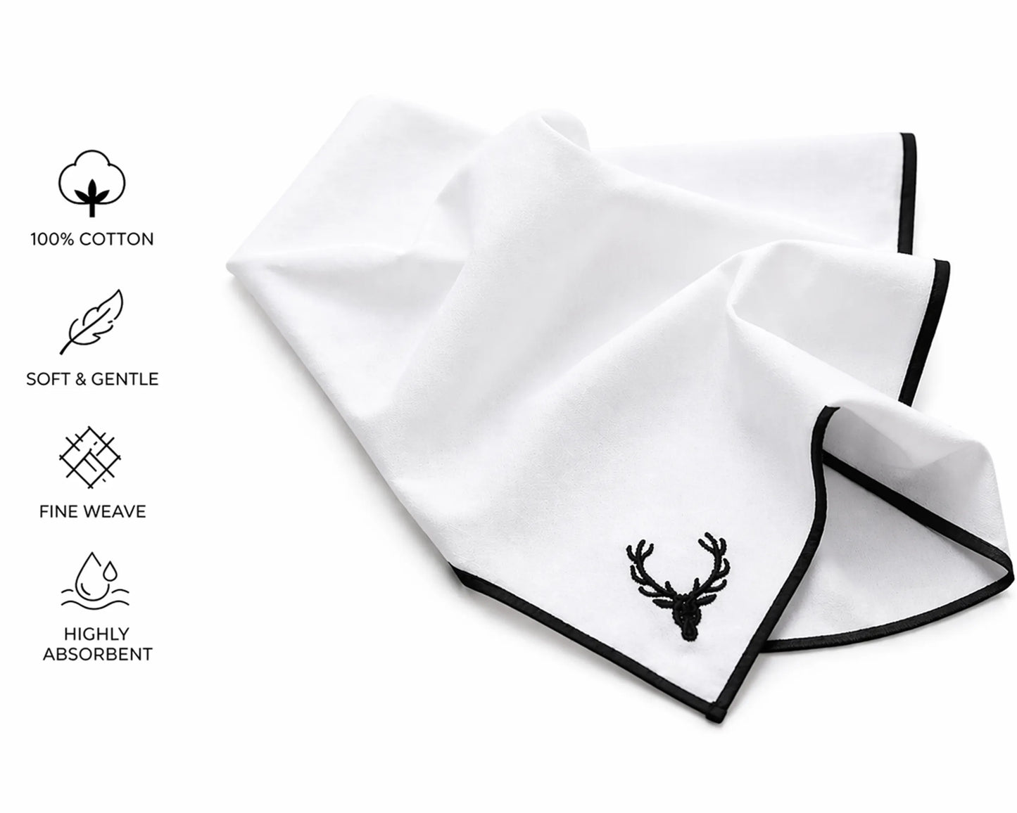 White hanky with black border and deer emblem on a white background, featuring text about towel properties.