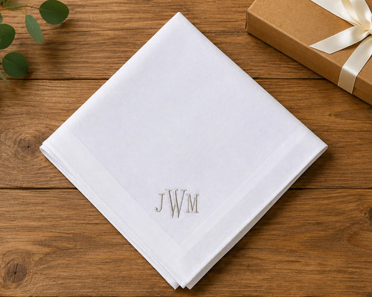 White hanky with 'JWM' monogram on a wooden surface next to a gift box.
