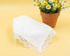 White lace-trimmed handkerchief on a yellow background with a potted plant.