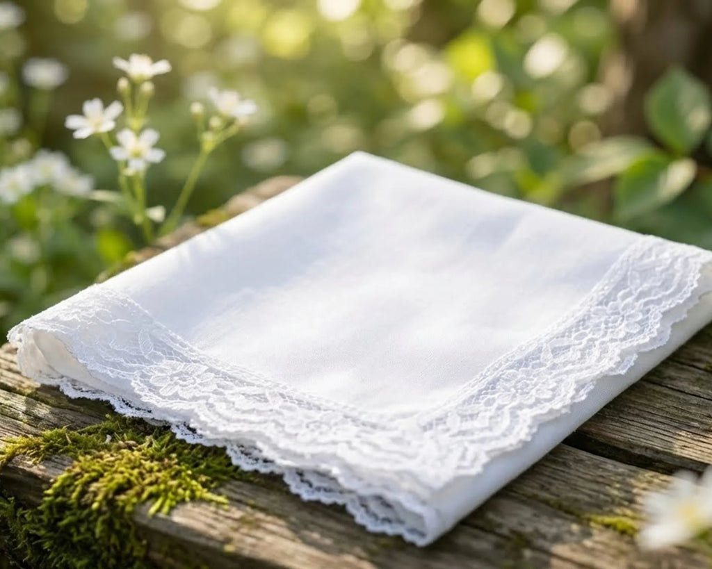 White lace handkerchief on a wooden surface with a natural background