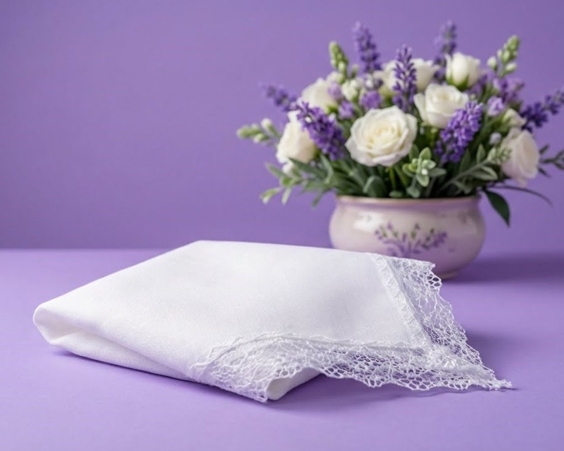 White lace-edged handkerchief on a purple surface with a vase of flowers in the background