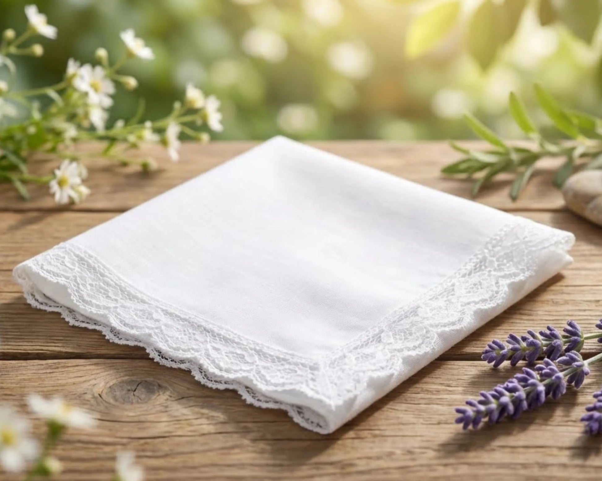 White lace handkerchief on a wooden surface with flowers in the background