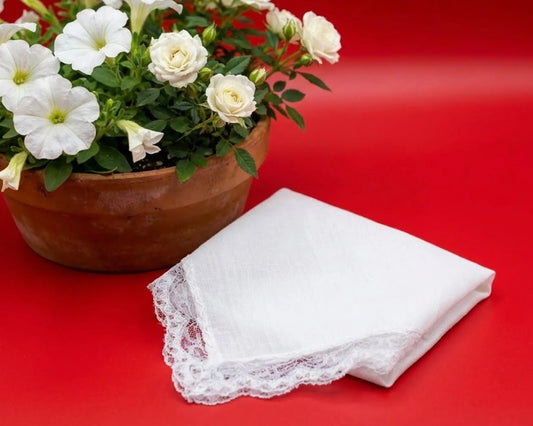 White lace handkerchief on a red surface with a potted plant in the background