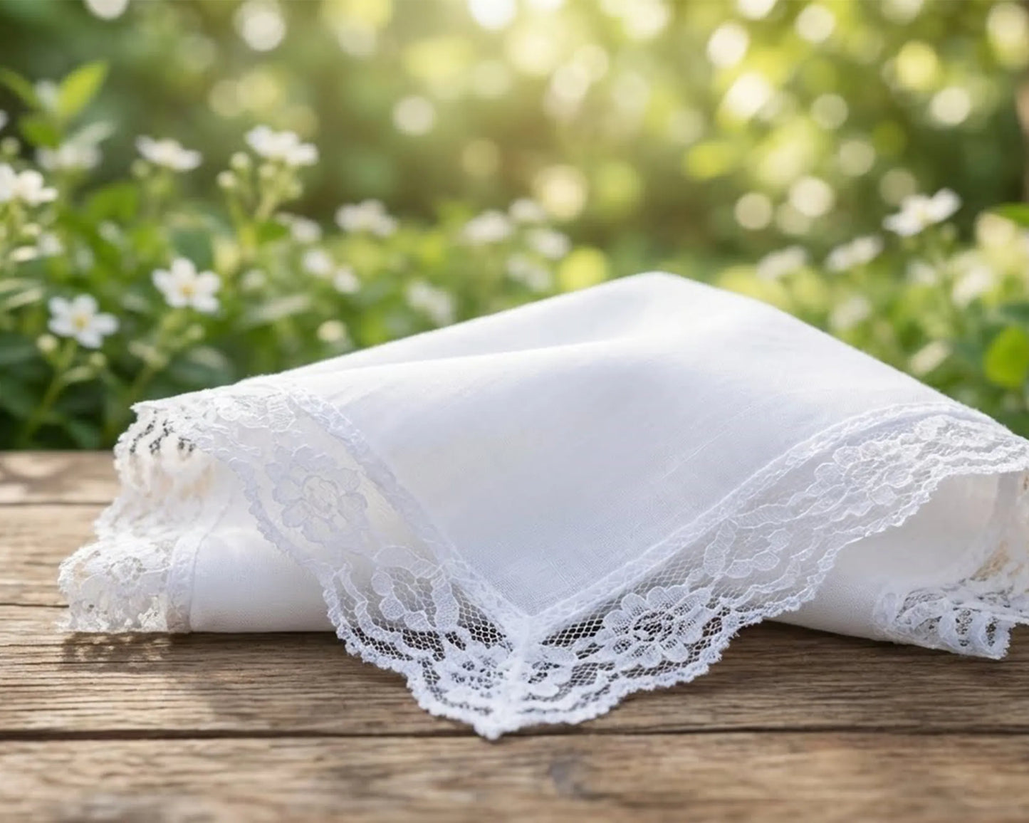 White lace handkerchief on a wooden surface with a natural background
