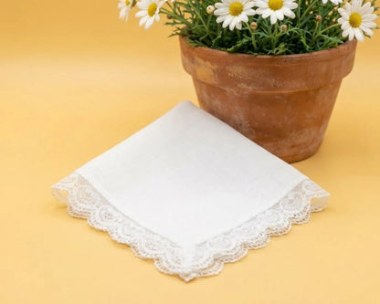 White lace-trimmed handkerchief on a yellow background with a potted plant.