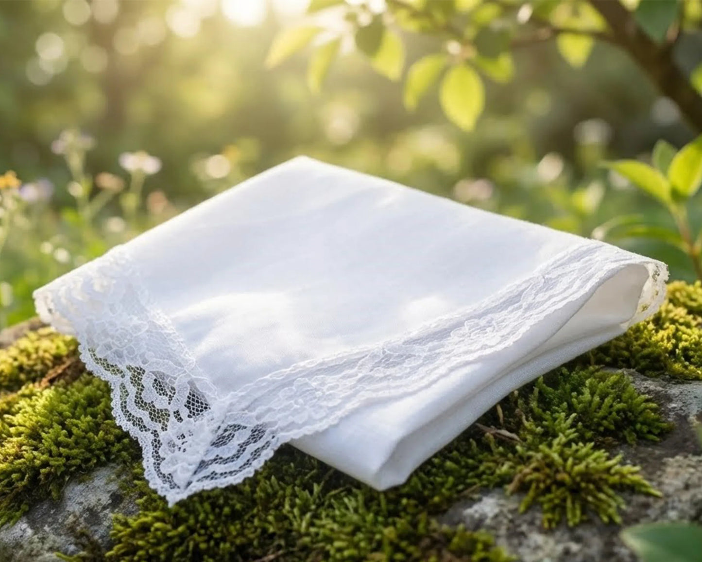 White lace handkerchief on a stone surface with a natural background