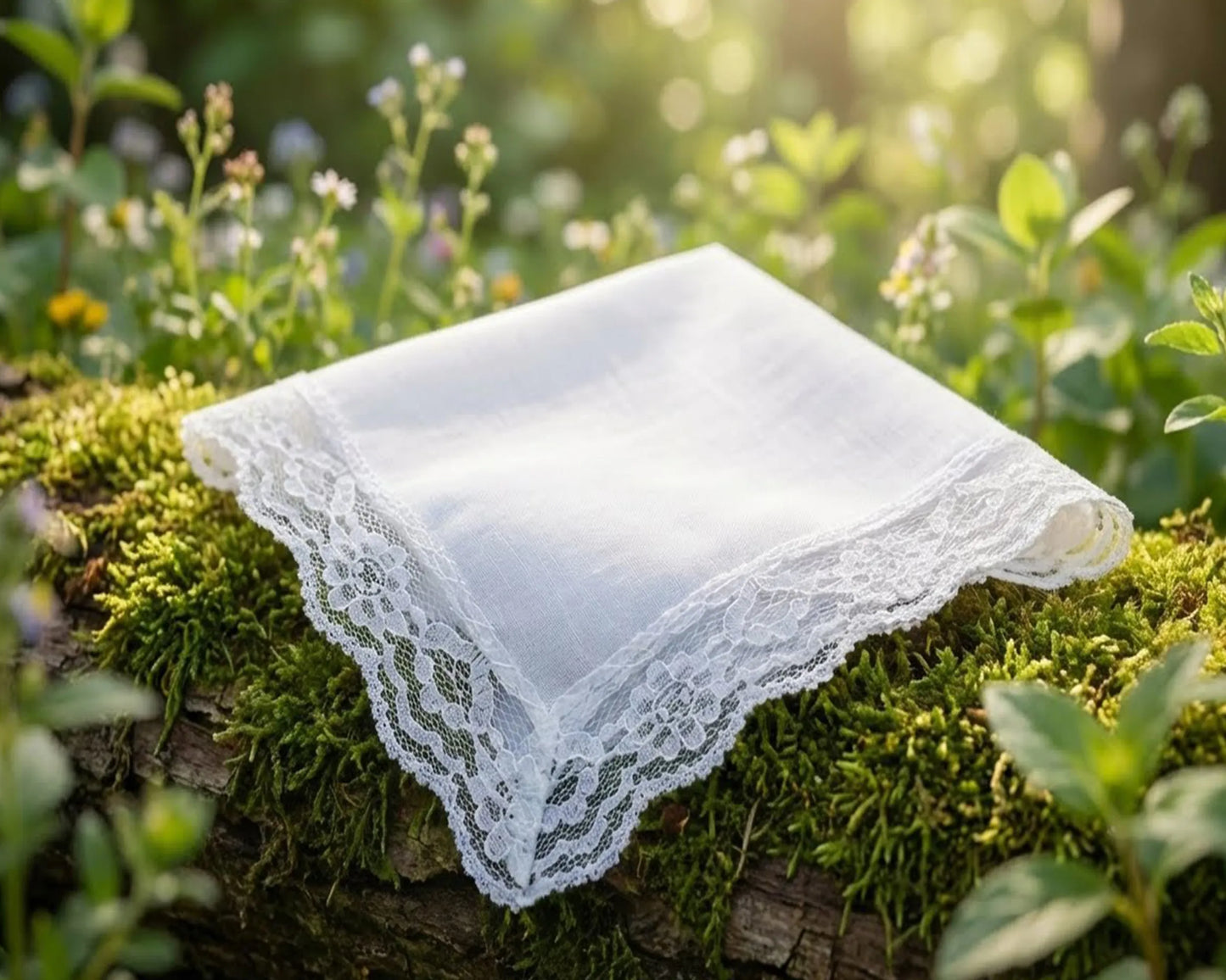 White lace handkerchief on a mossy log with a natural background