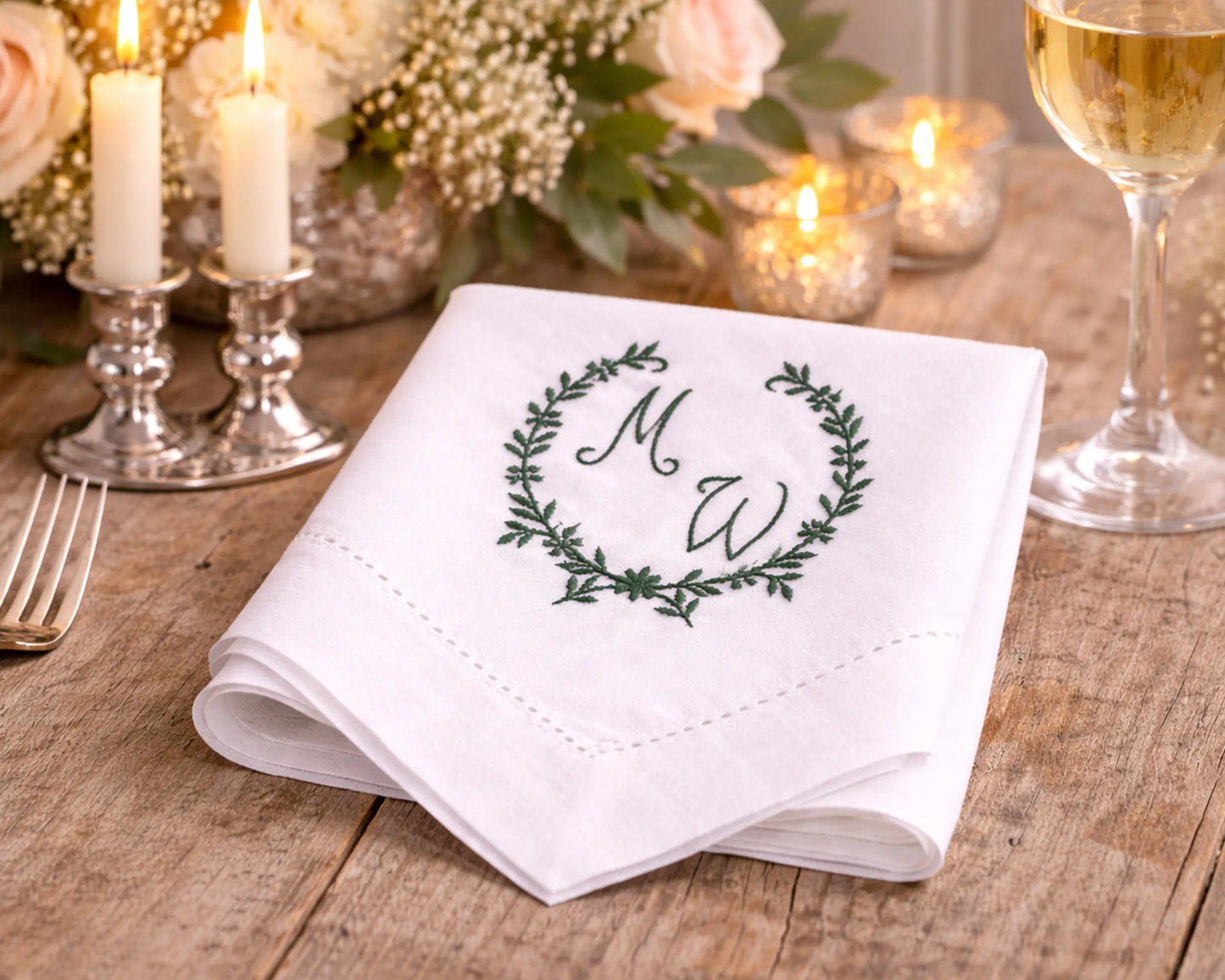 White napkin with monogram and wreath design on a wooden table with candles and a glass of wine.