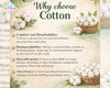An informational graphic titled 'Why choose Cotton' with text listing benefits such as comfort, breathability, biodegradability, hypoallergenicity, and absorbency. The design includes illustrations of cotton bolls, leaves, and baskets of cotton on a soft beige background.