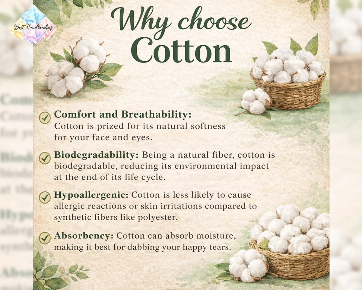 An informational graphic titled 'Why choose Cotton' with text listing benefits such as comfort, breathability, biodegradability, hypoallergenicity, and absorbency. The design includes illustrations of cotton bolls, leaves, and baskets of cotton on a soft beige background.