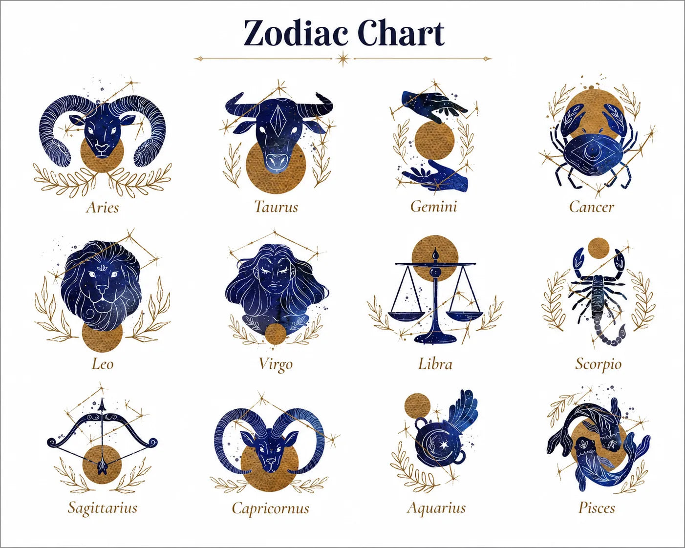 Zodiac chart with astrological signs and symbols on a white background