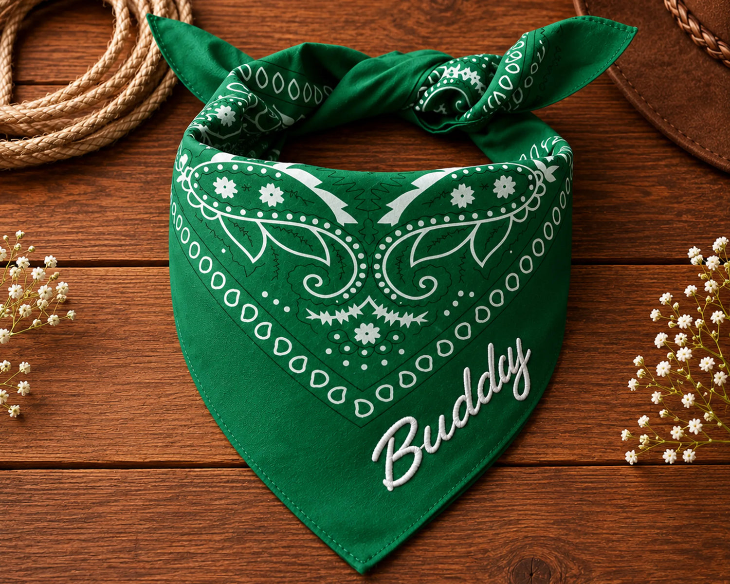 Green bandana with white patterns and 'Buddy' text on a wooden surface.