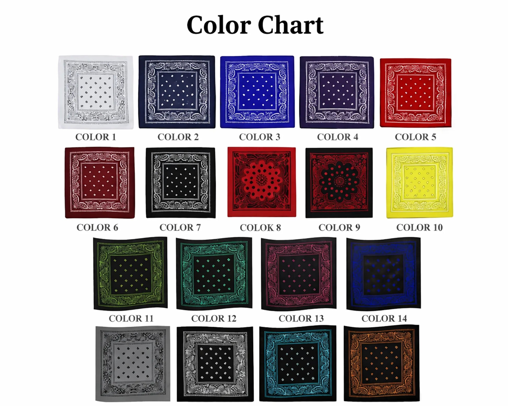 Color chart with 14 bandanas in various colors on a white background