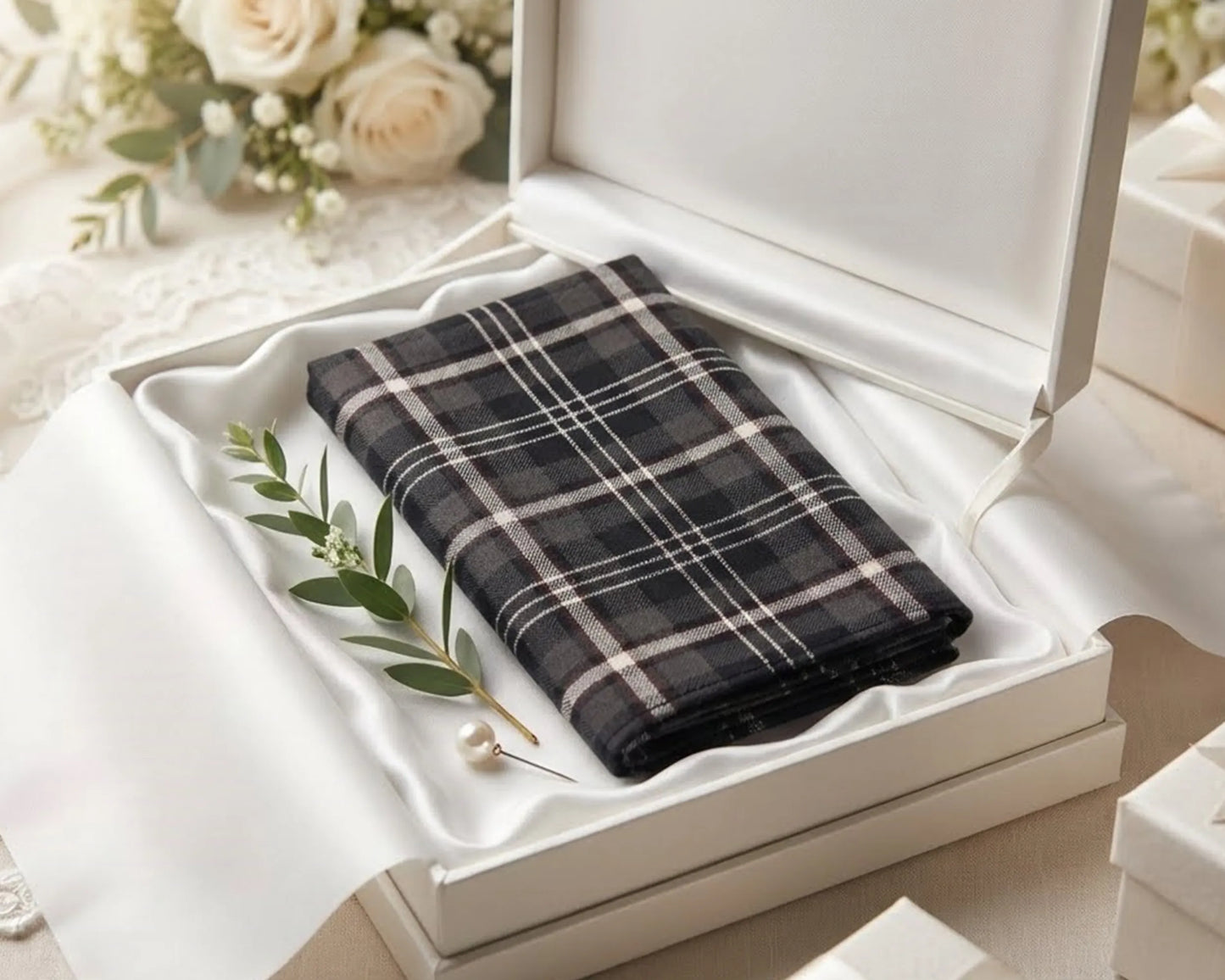 Plaid blanket in a white box with flowers and jewelry on a table
