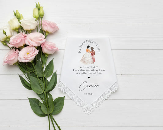 Personalized wedding handkerchief with a blue and yellow watercolor floral wreath surrounding the names Jasper and Samantha.