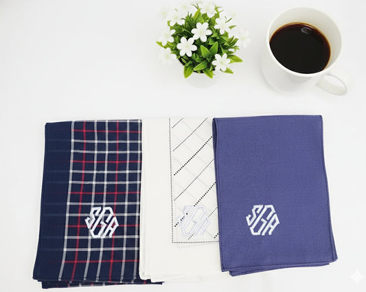 Navy plaid white diamond and solid blue cotton pocket squares featuring high contrast white diamond monogram initials.