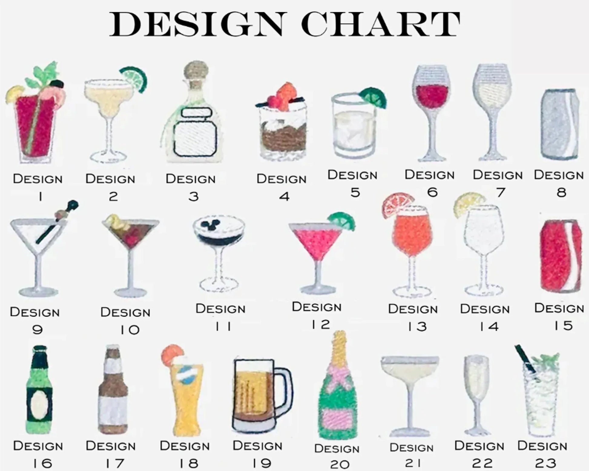 Design chart with illustrations of various cocktails and drinks.