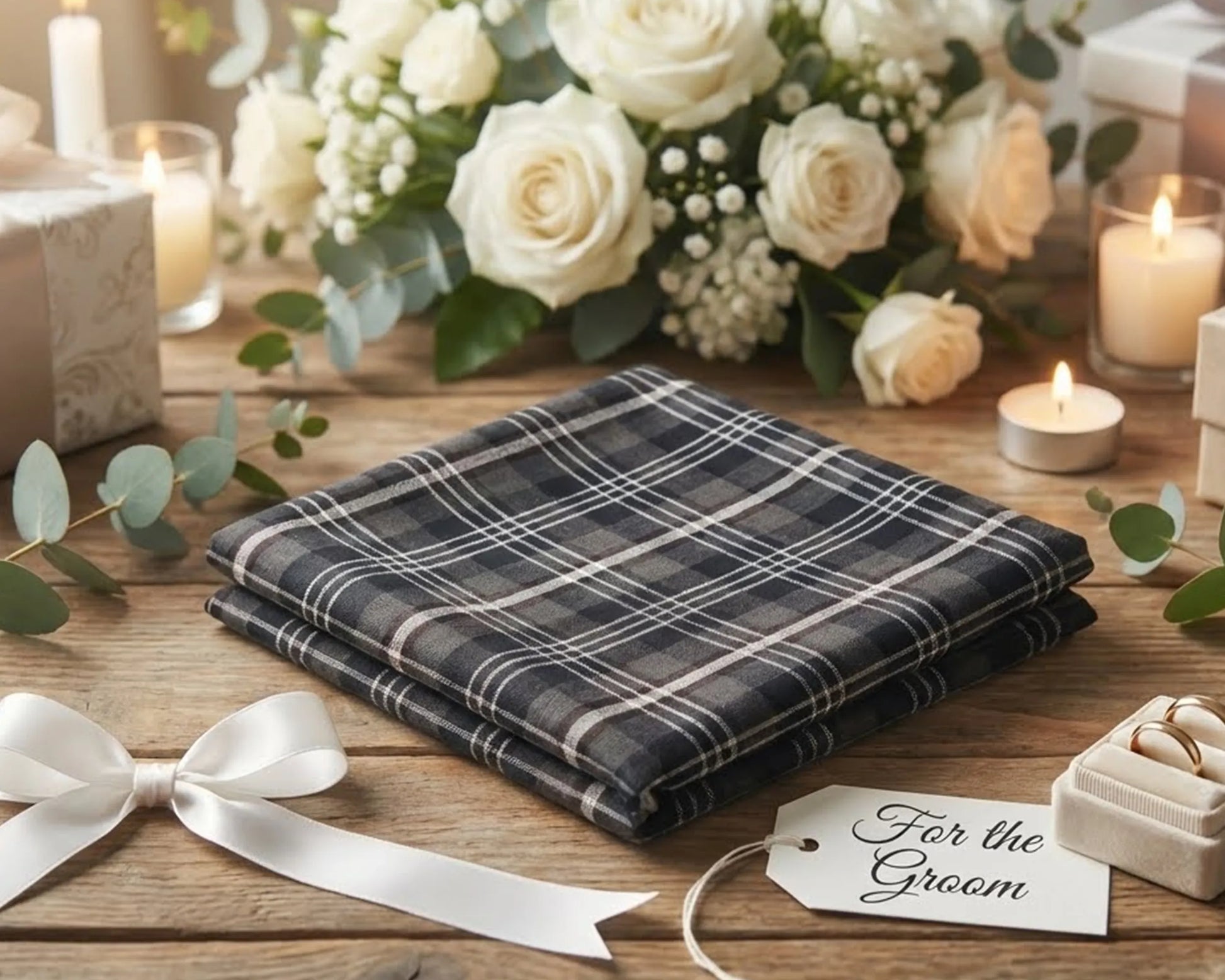 Plaid hanky on a wooden table with flowers, candles, and a tag for the groom.