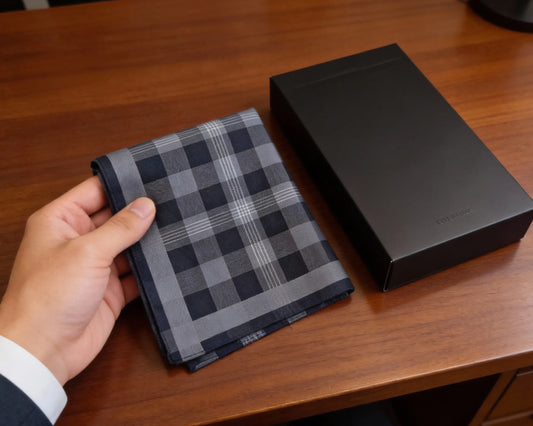 Hand holding a gray checkered pocket square next to a black box on a wooden surface