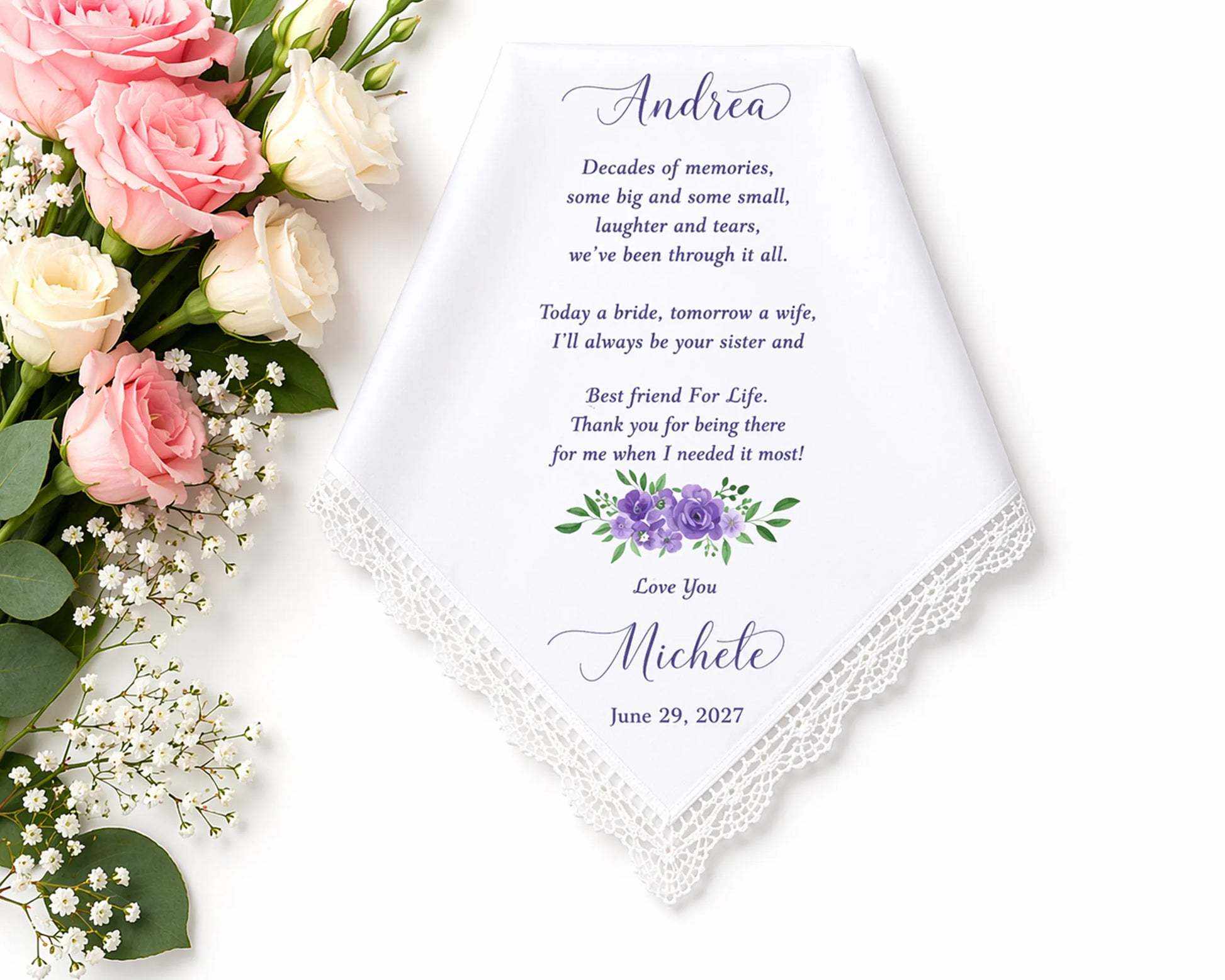 Personalized handkerchief with floral design and text on a white background