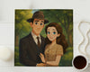 Illustration of a couple in formal attire with a coffee cup and necklace on a wooden surface