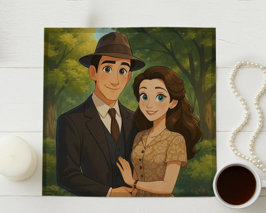 Illustration of a couple in formal attire with a coffee cup and necklace on a wooden surface