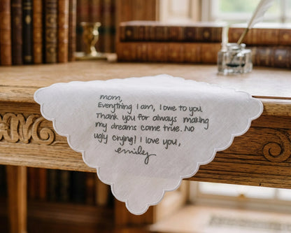 hanky on a wooden surface with a bookshelf background