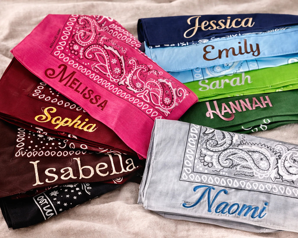 embroidery bandanas on table 
