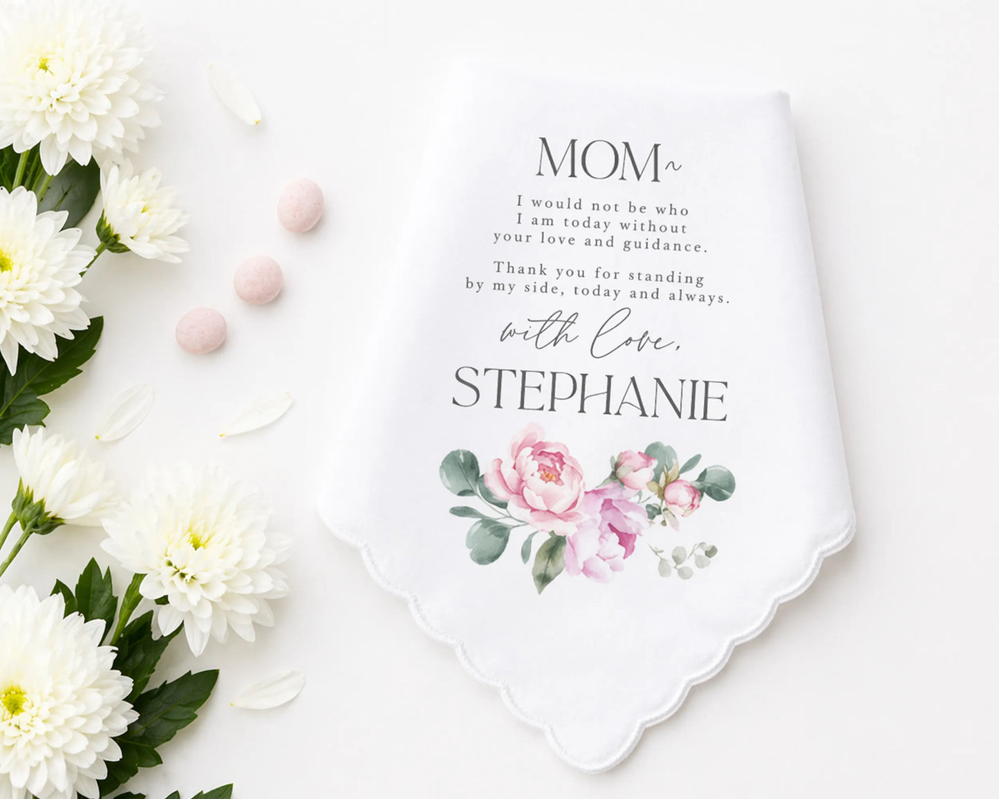 hanky with floral design and text on a white background