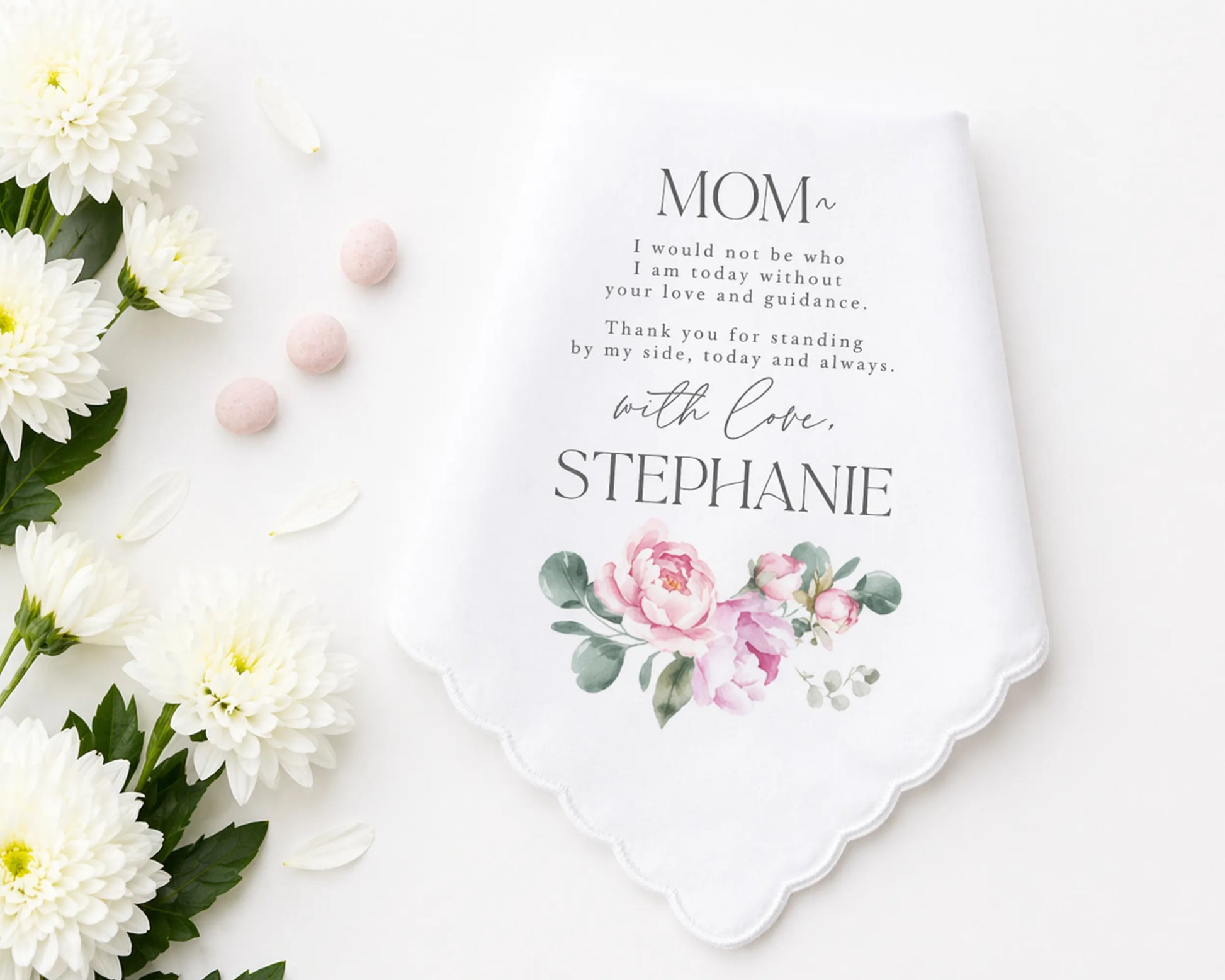 hanky with floral design and text on a white background