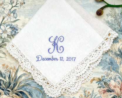 monogram white embroidery lace cotton hankie for mother 