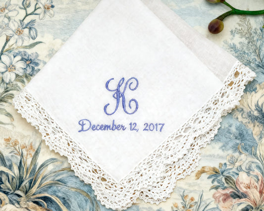 monogram white embroidery lace cotton hankie for mother 