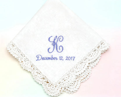 monogram white embroidery lace white cotton hankie for mother 