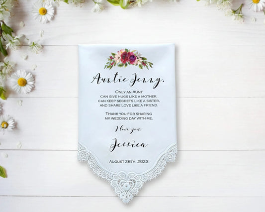 Personalized cotton lace wedding handkerchief with custom message, elegant lace border keepsake gift made in USA