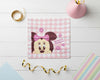 pink and white checkered handkerchief with character and flowers